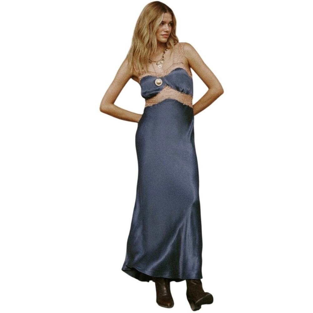 Nasty Gal Satin Lace Cutout Maxi Dress Blue Nude Size 12 Romantic Evening